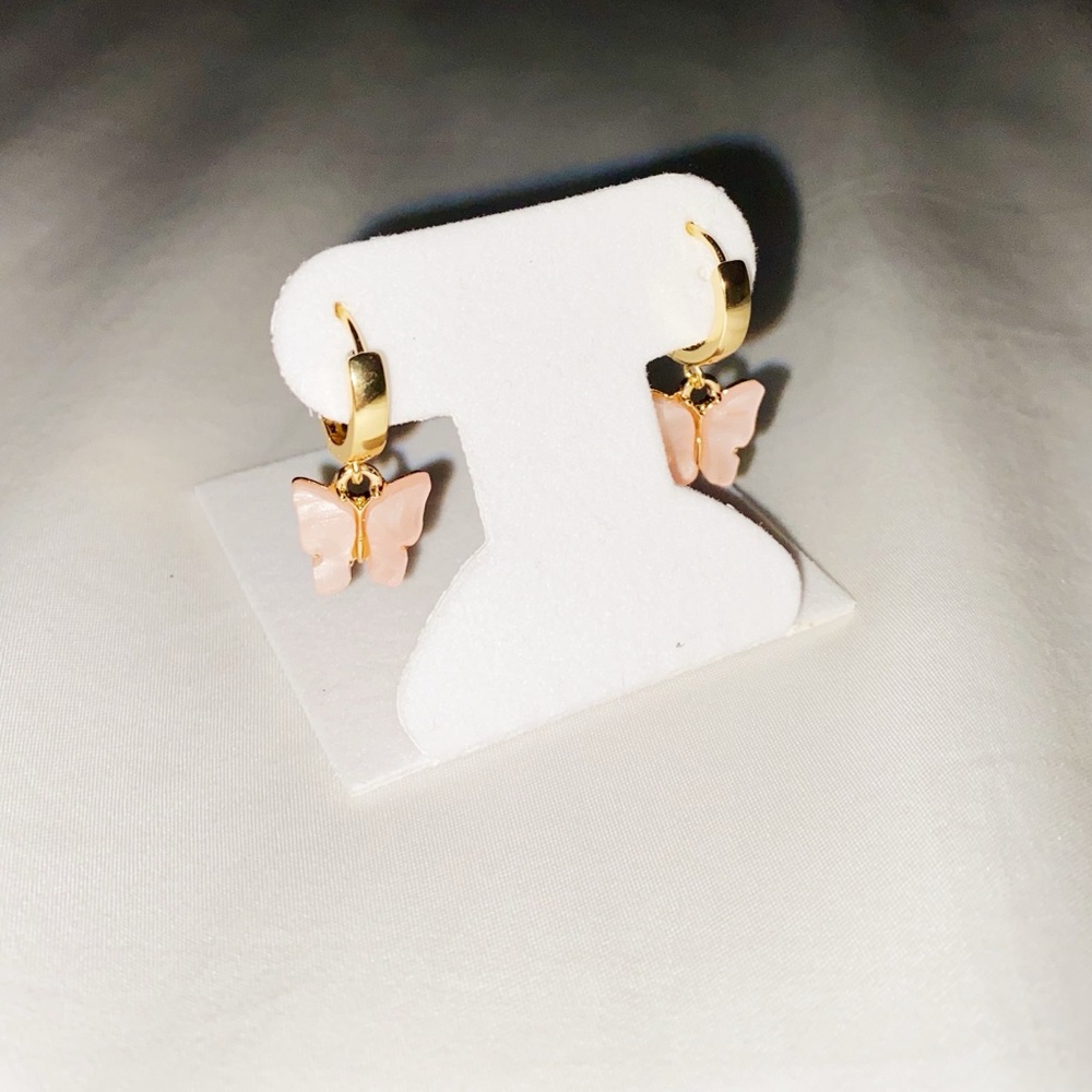 18K Gold Plated Huggie Hoops with Pink Butterfly
